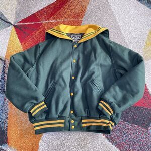 Holloway Girls XL Varsity Jacket Green Gold 100% Wool Sailor Collar Made USA